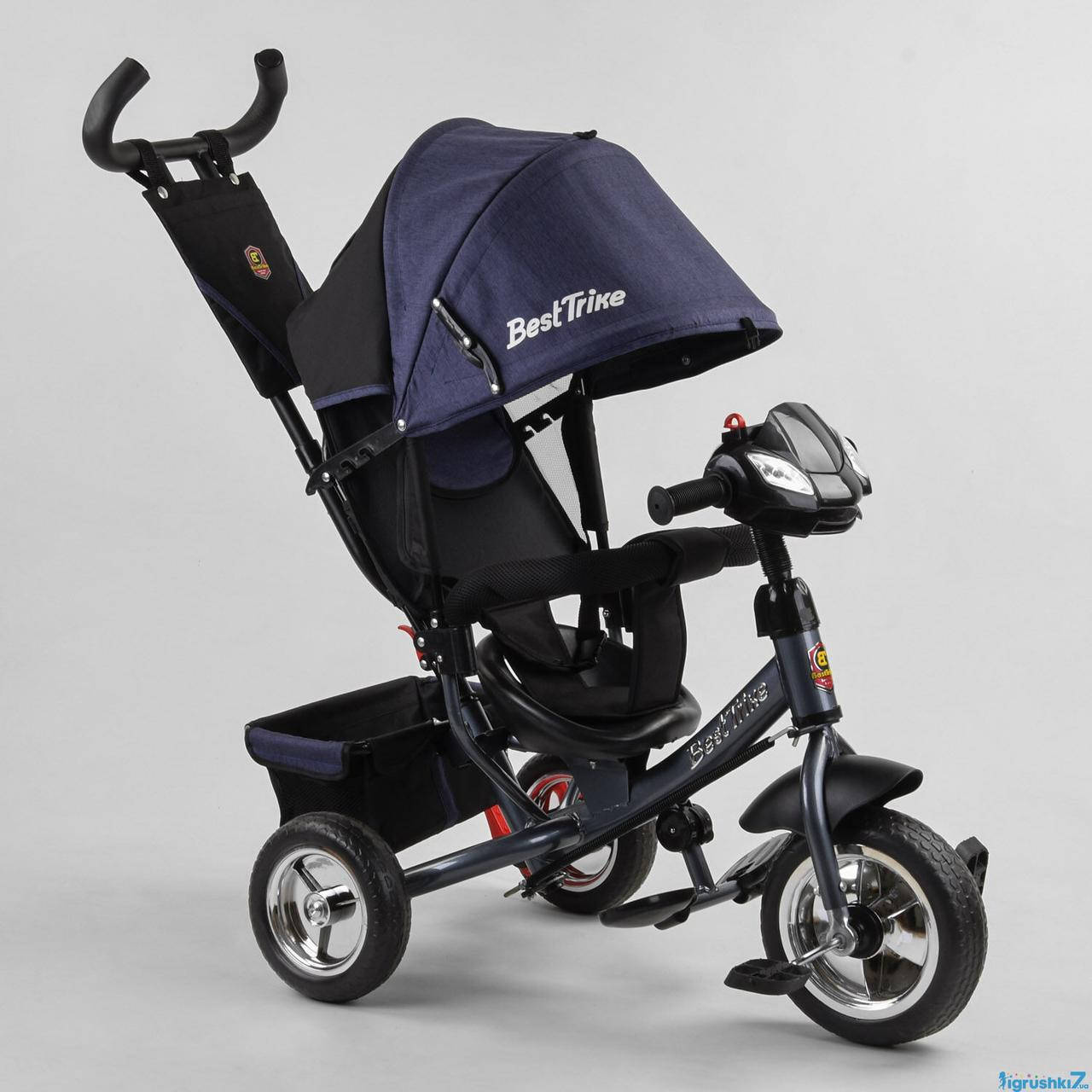 

Детский трехколесный велосипед Best Trike для мальчиков с родительской ручкой фара звуки синий джинс