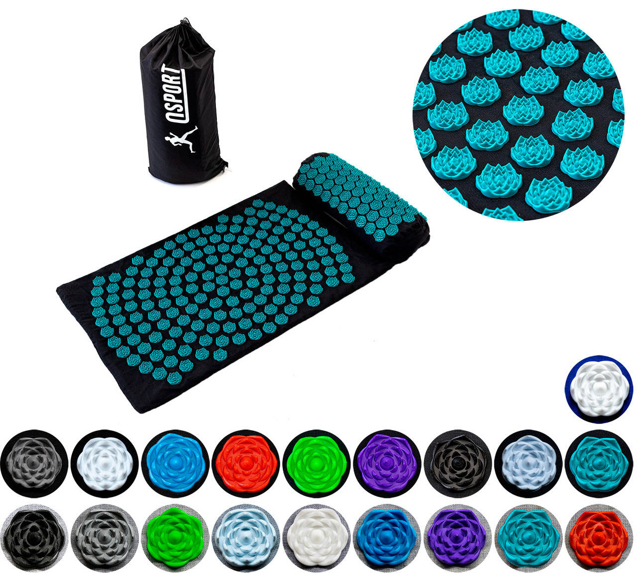 

Массажный коврик Аппликатор Кузнецова + валик массажер для спины/шеи/головы OSPORT Lotus Mat Eco (apl-021), Разные цвета