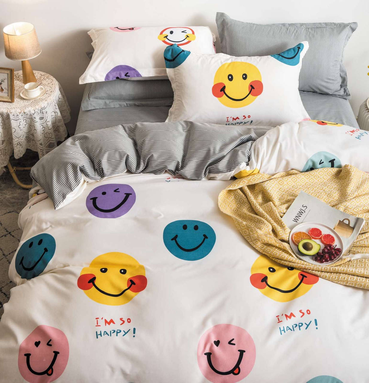 

Постельное белье Двуспальное Сатин смайлики 1020, Белый