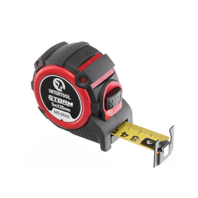 

Рулетка с металлическим полотном, 5м*25мм, двухстороняя шкала, нейлоновое покрытие, двухсторонный зацеп с
