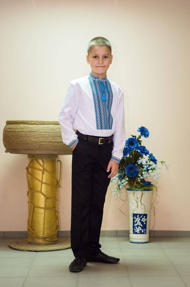 

Вышиванка детская Волинські візерунки тканая голубая 140 см белая