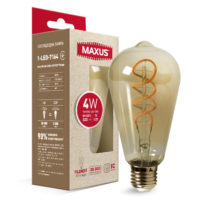 

Лампа светодиодная ST64 Maxus филамент LED-7164 4W 2200K 220V E27