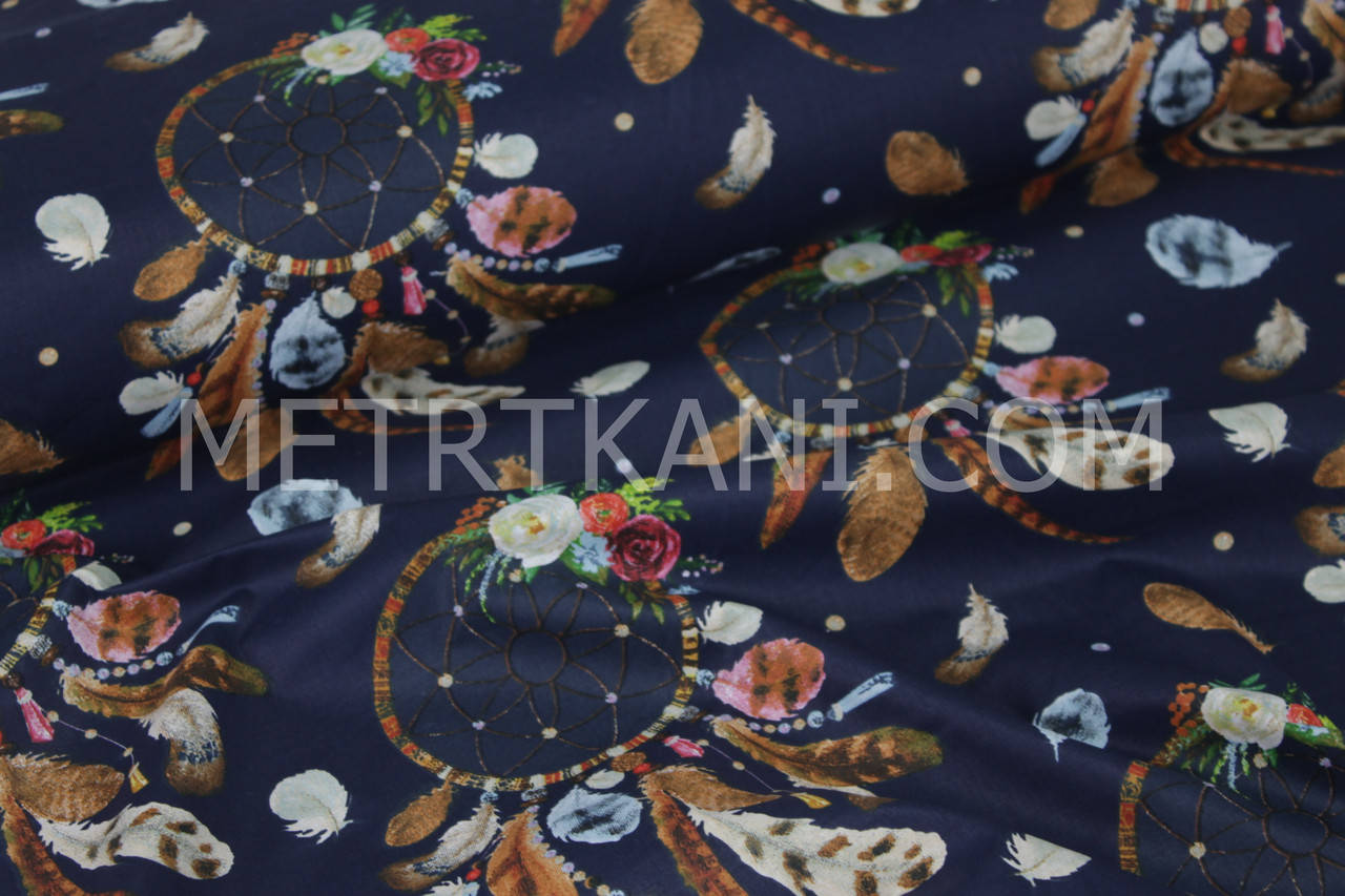

Хлопковая ткань "Ловцы снов с цветочками " на синем фон №1539, Синий