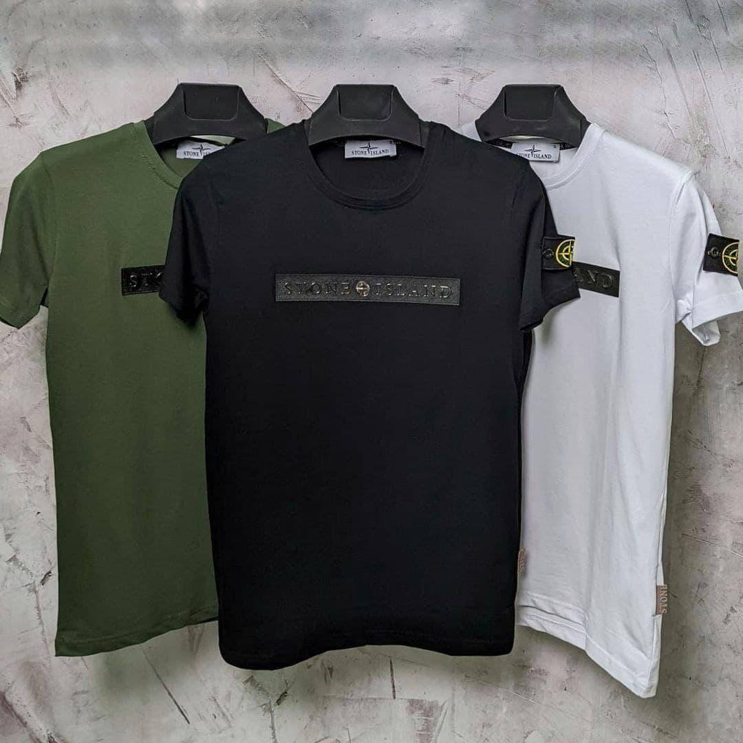 

Мужская брендовая футболка Stone Island котоновая белая/черная/хаки