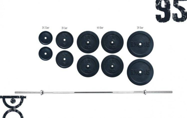 

Прямая хромированая Штанга 1.8м с блинами в комплекте на 95 кг с гантелями для дома - спортзала, Черный