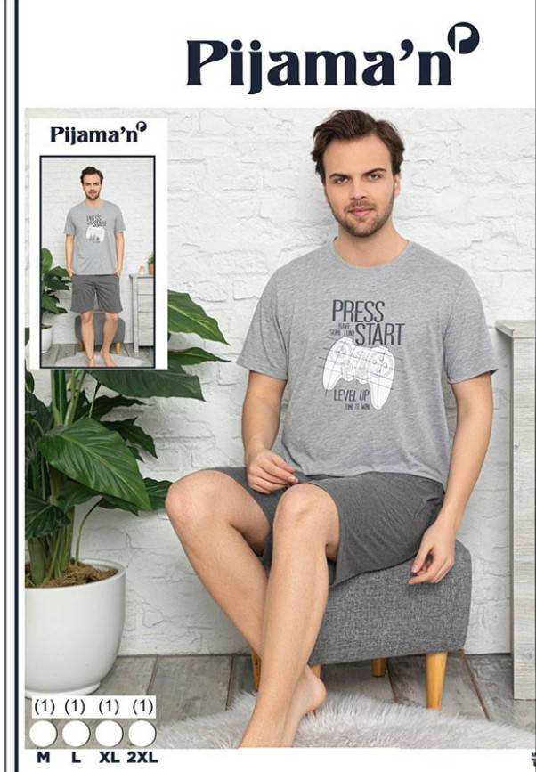 

Пижама мужская с шортами и футболкой серая хлопковая турецкая