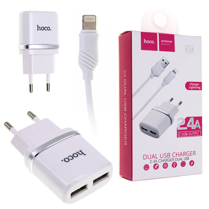 

Сетевое ЗУ Hoco C12 2-port USB 2.4A + Cable Lightning, white