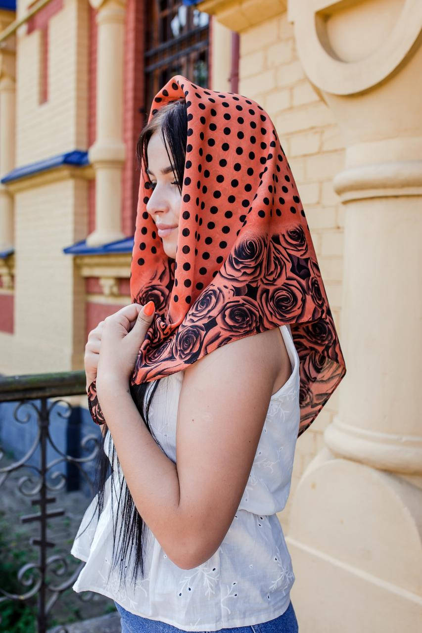 

Платок женский хлопковый легкий с принтом роза и горошек цвет терракотовый 81*81 см, Терракота