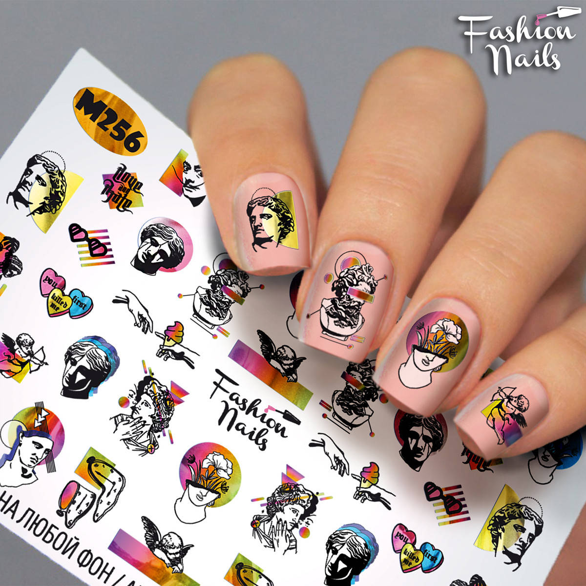 

Слайдер дизайн наклейки на ногти для маникюра водные Fashion Nails М 256 статуэтки ангел, Бежевый