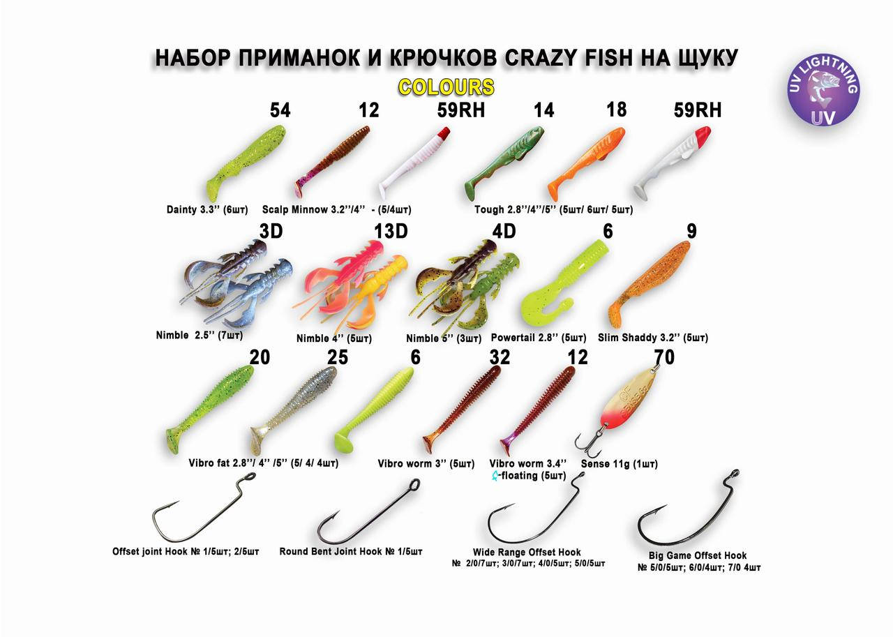 

Набор приманок и крючков от Crazy Fish на щуку 21 в 1