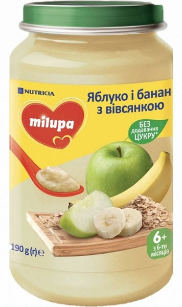 

Milupa Пюре фруктовое Яблоко и банан с овсянкой 6м+ (190г) 8591119004017