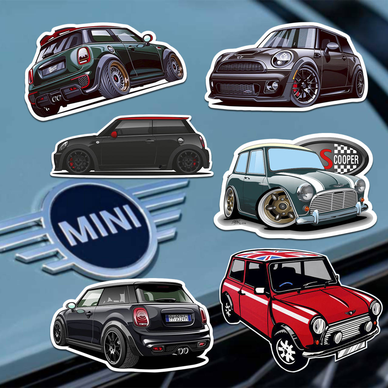 

Mini Cooper set. Набор влагостойких стикеров. Наклейки 6шт
