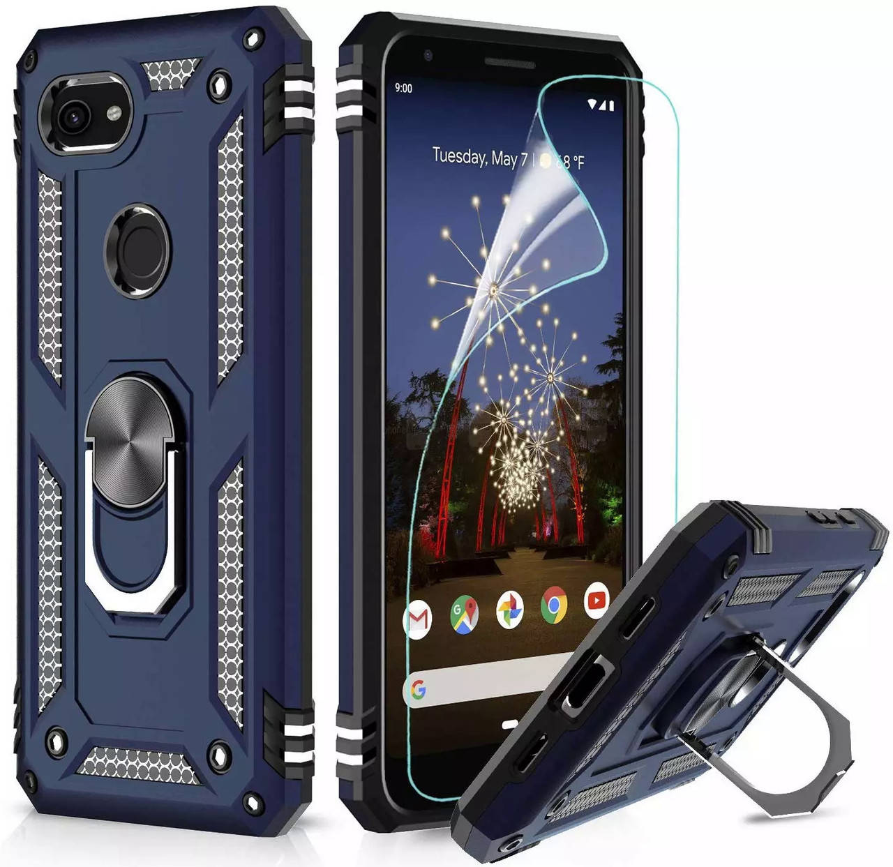 

Противоударный чехол с кольцом подставкой для Google Pixel 3a синий матовый