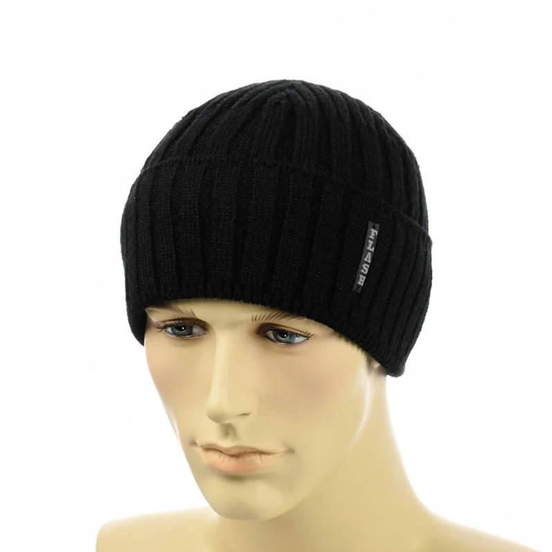 

Мужская шапка с отворотом 2*2 Черная, Мужская вязанная зимняя шапка, Черный