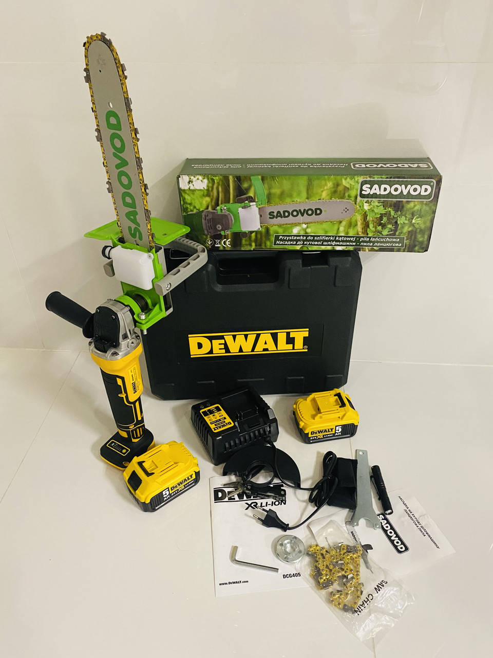 

2в1 аккумуляторная цепная пила(насадка) болгарка Dewalt DCG 405, 2 акб