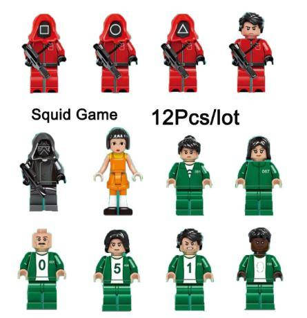 

Конструктор, фигурки, человечки, набор игра в кальмара для лего lego 12 штук + оружие