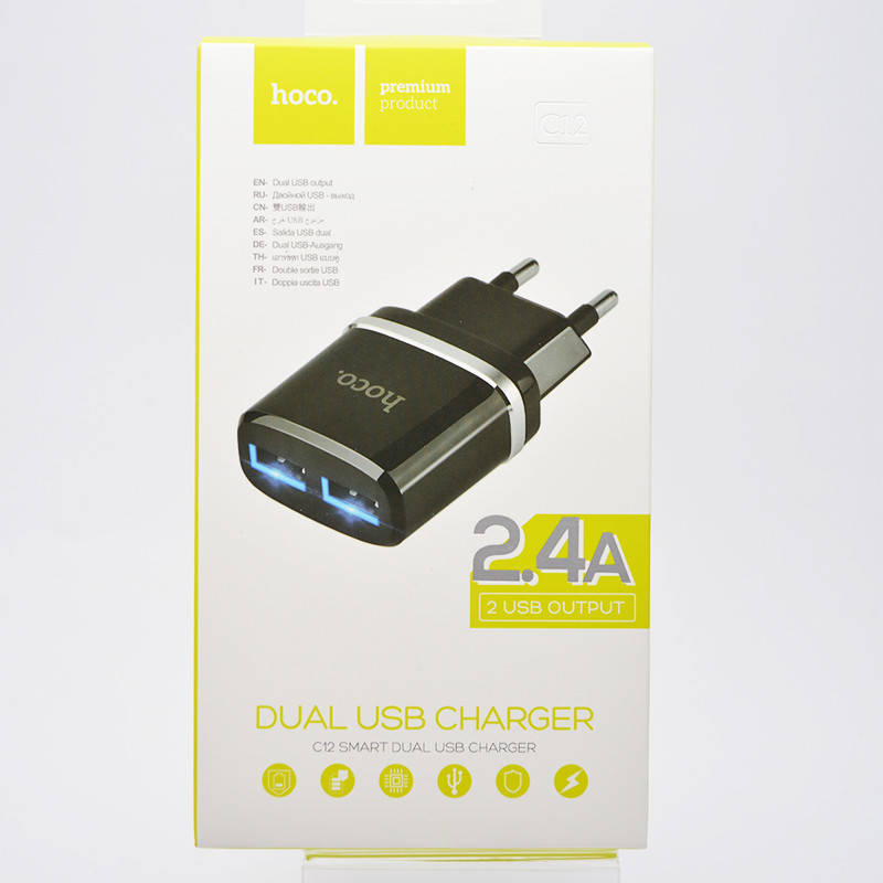 

Блок питания (адаптер) Hoco C12 Smart Dual USB 2.4A Black, Черный