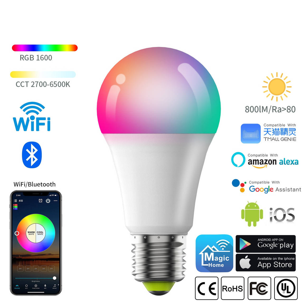 

Умная LED лампочка RGB с управлением со смартфона WiFi