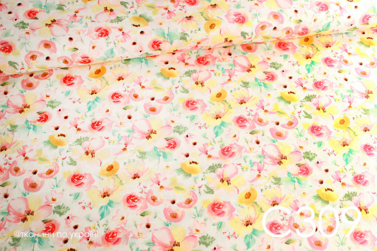 

Ткань сатин Акварельные цветы, Розовый