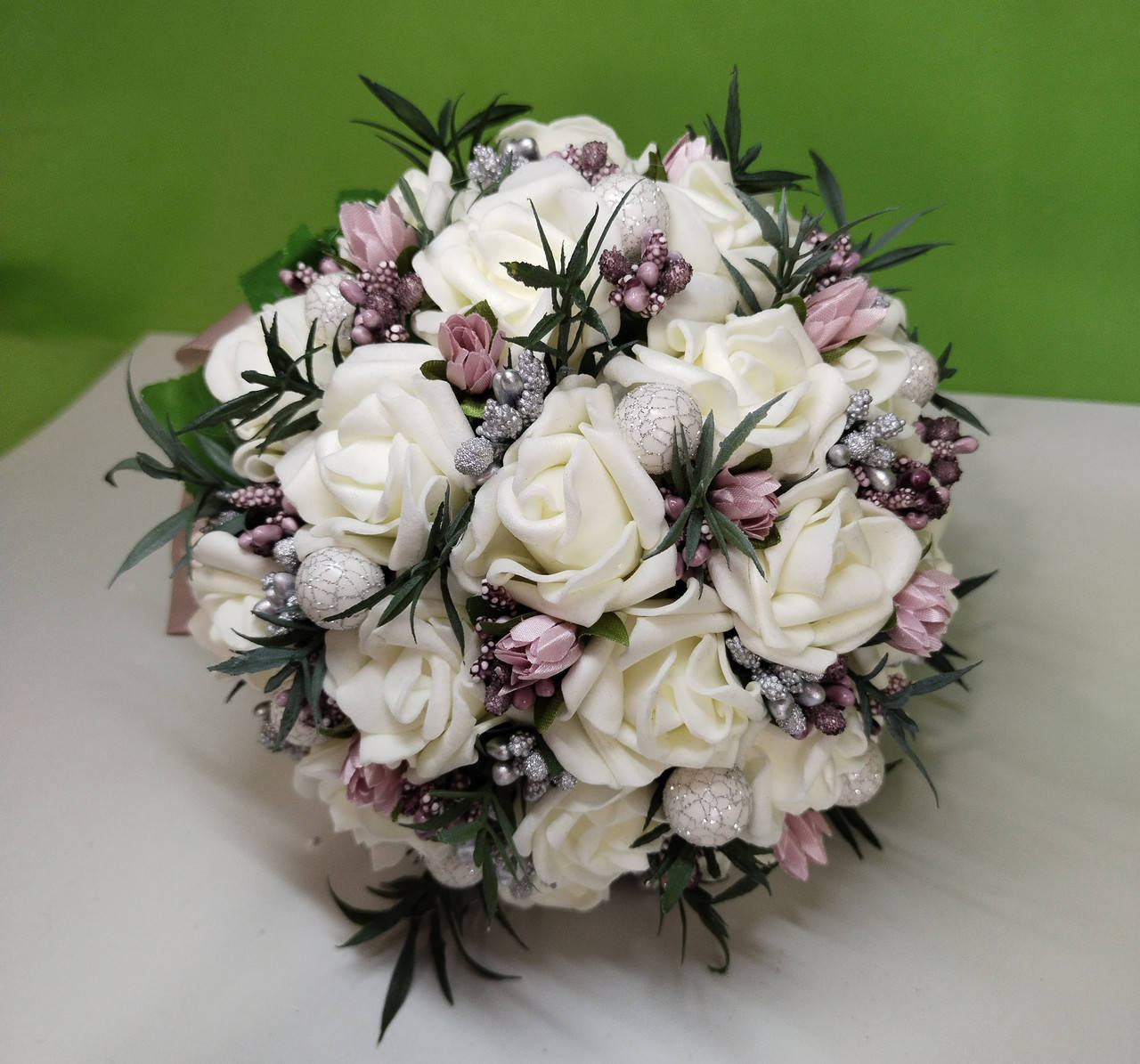 

Букет-дублер для нареченої, колір пудровий+сріблястий+кремовий