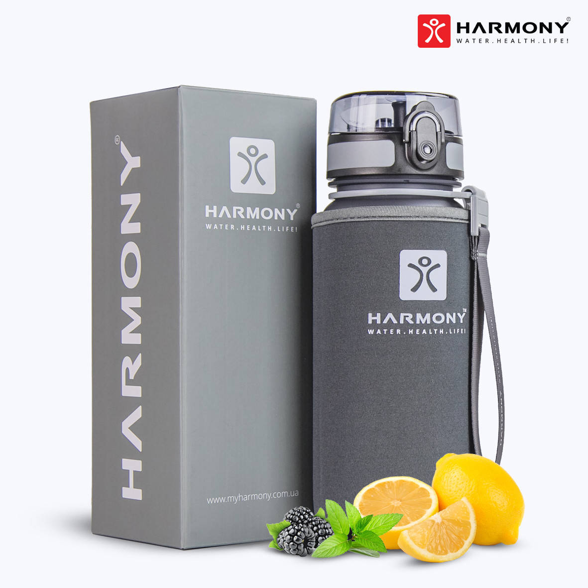 

Бутылка для воды Harmony Total Graphite 0,65 л. с контейнером для фруктов и защитным неопреновым чехлом.