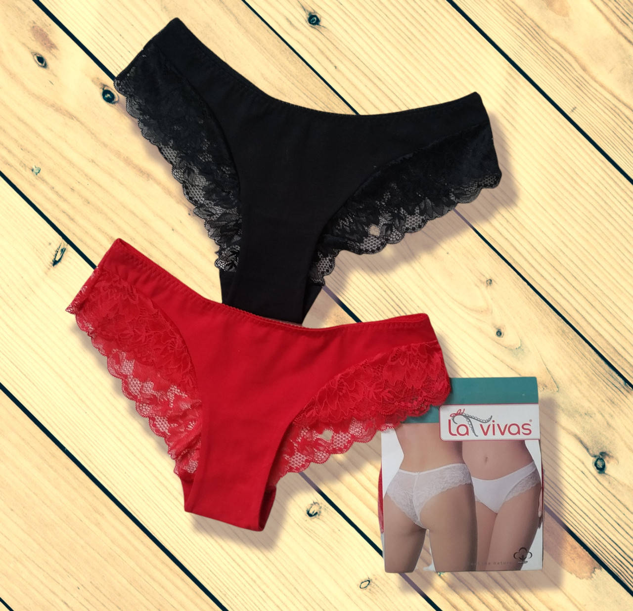 

Трусики женские с кружевом La Vivas в упаковке 2шт черный и красный 2XL