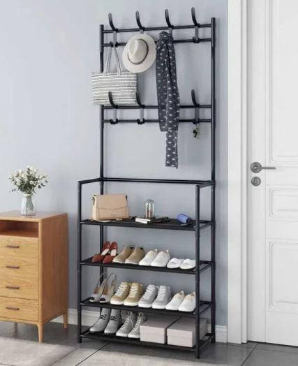 

Напольная вешалка для одежды New simple floor clothes rack size с полками и крючками чёрный цвет, Белый