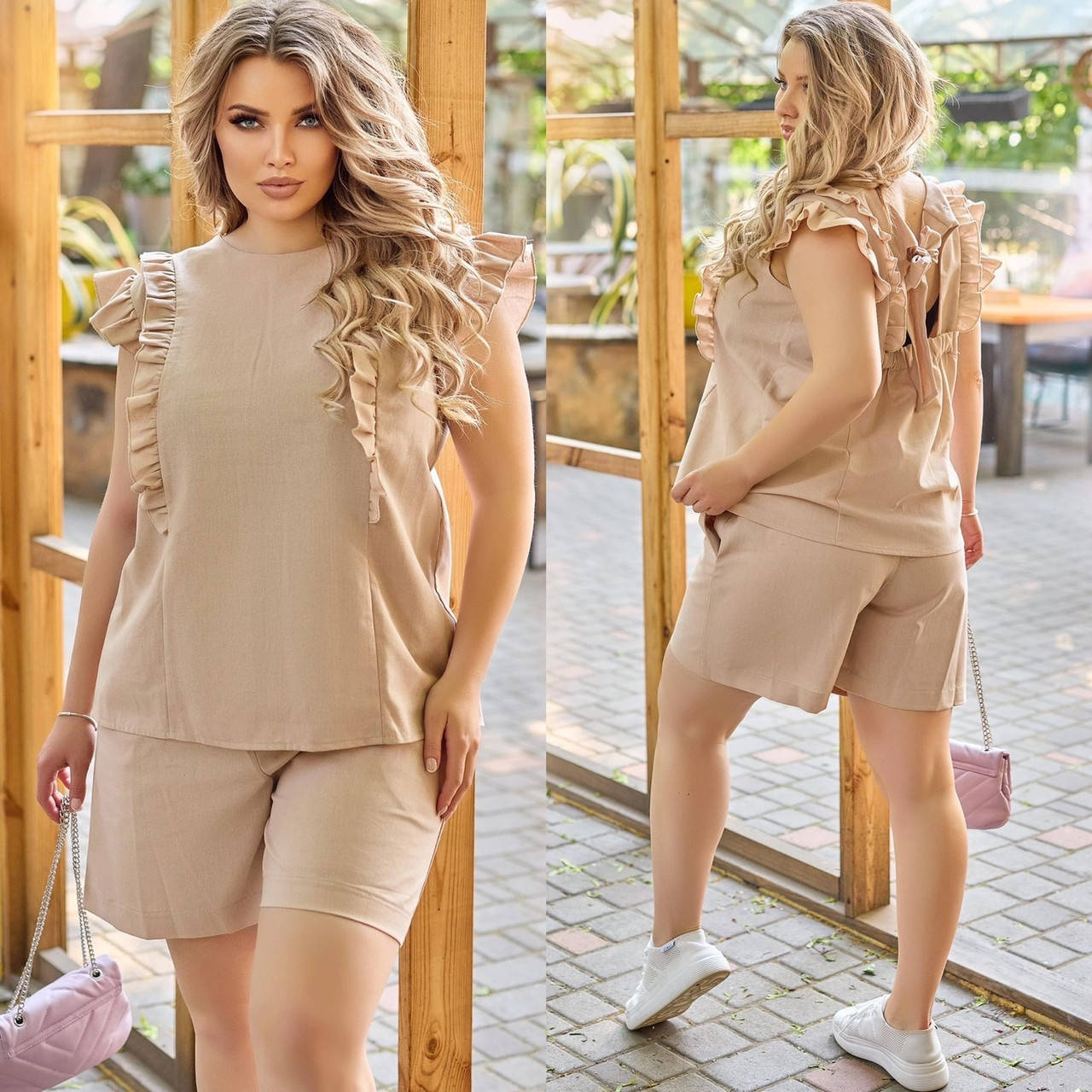 

Женский льняной костюм. Шорты и блузка 50/52, Черный