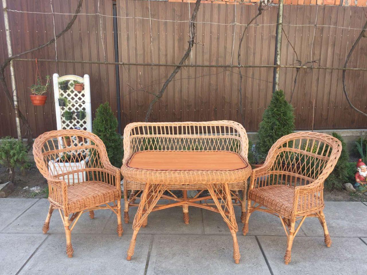 Комплект меблів для саду з дерева і лози диван Х1 + 2 крісла Х1 + стіл Гриб прямокутний Woody Світле дерево - фото 1 - id-p1378291997