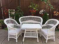 Комплект меблів для саду з дерева і лози диван + 2 крісла Стандарт + стіл прямокутний Woody Білий без подушок