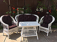 Комплект меблів для саду з дерева і лози диван + 2 крісла Стандарт + стіл прямокутний Woody Білий