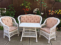 Комплект меблів для саду з дерева і лози диван + 2 крісла Стандарт + стіл прямокутний Woody Білий Кремовый