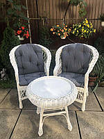 Комплект меблів для саду з дерева і лози 2 крісла Стандарт + кавовий столик Гриб круглий Woody Білий