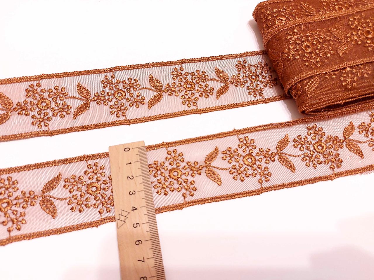 Мереживо на метраж вставка гіпюр на сітці терракотово-руде 4,5см. Тайланд