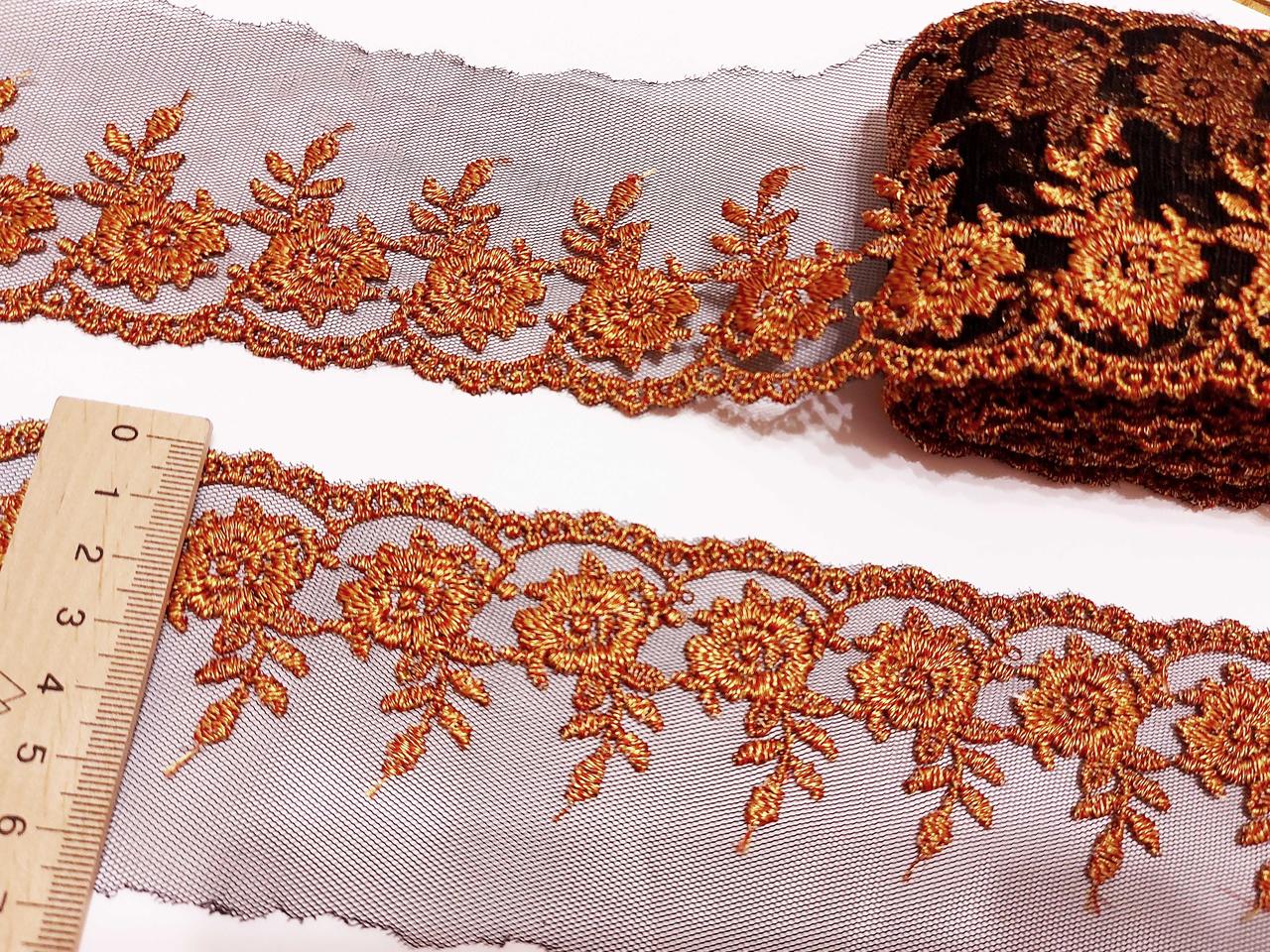 Мереживо гіпюр на сітці, на чорному меланж вишивка "Петлі" 7см. Тайланд