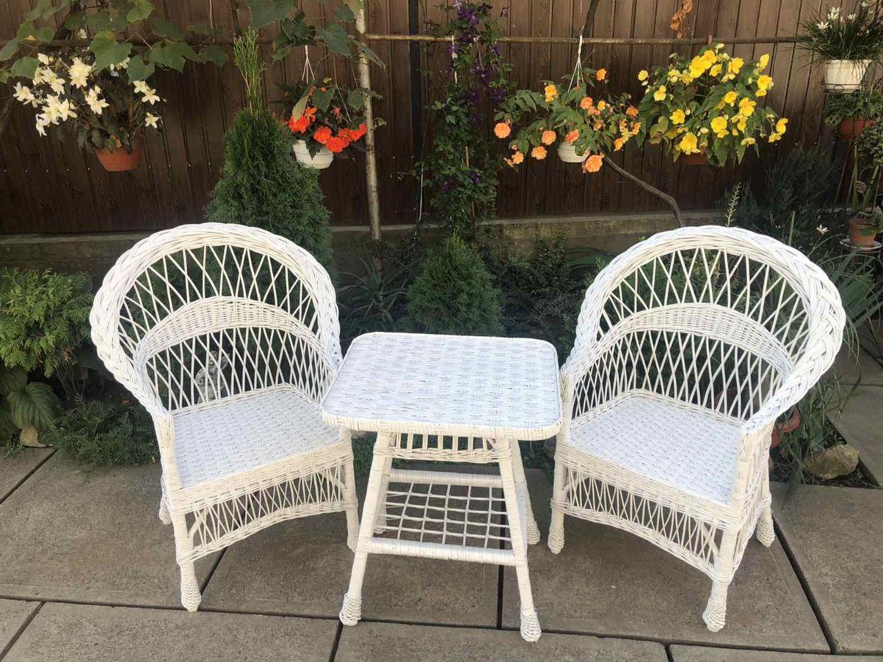 Комплект меблів для саду з дерева і лози 2 крісла Стандарт + стіл квадратний Woody Білий без подушок - фото 2 - id-p1378486412