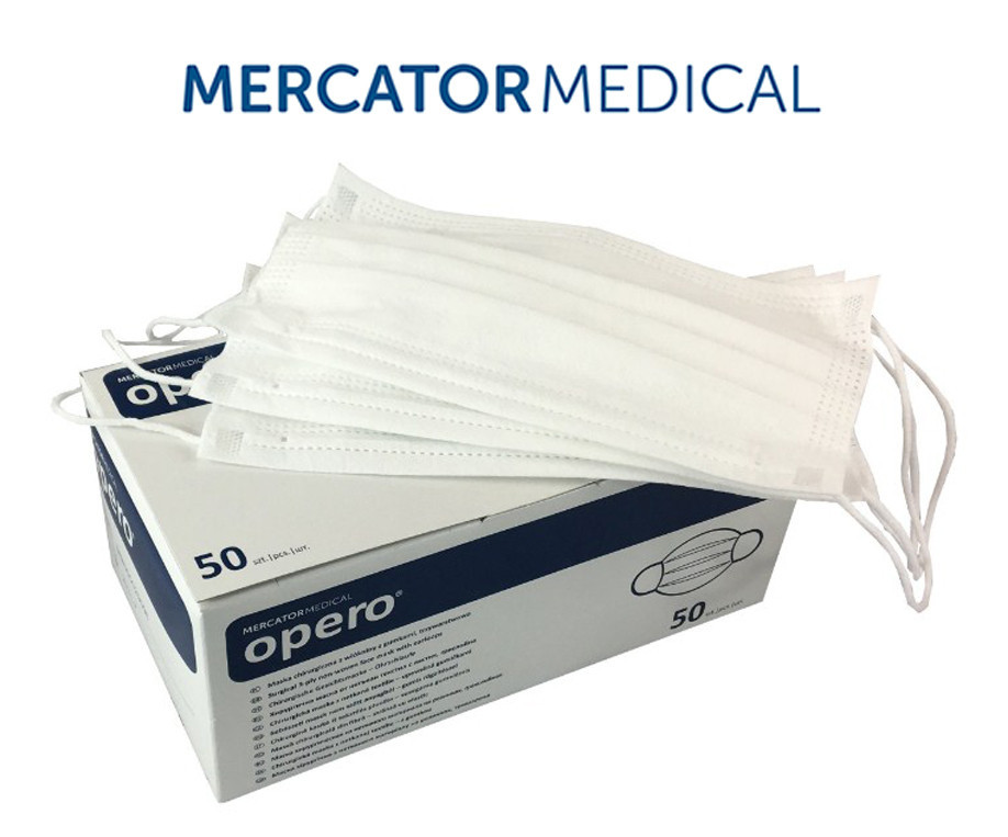 Маска медицинская Mercator Medical Opero на резинках трехслойная (50 шт в уп.) белая - фото 2 - id-p712543767
