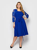 Нарядное женское синее платье миди с гипюром на рукавах, большие размеры от 50 до 56