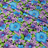 Ситець з бузковими і блакитними квітами на темному тлі, ширина 80 см