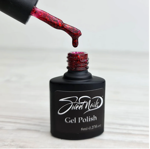 Гель лак для нігтів Sweet Nails малиново-червоний з дрібними і великими блискітками №65 8мл