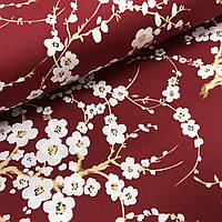 Ткань сатин с рисунком, веточки сакуры на красном (ТУРЦИЯ шир. 2,4 м) (SAT-S-0009)