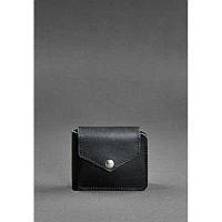 Кожаное портмоне на кнопке черное Стильное небольшое портмоне из натуральной кожи Красивый кошелек кожаный