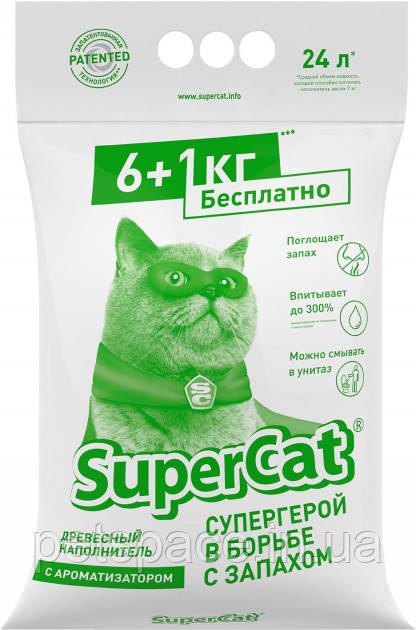 Деревний наповнювач для котів Super Cat (Супер Кет з ароматизатором)  6+1кг./24л.