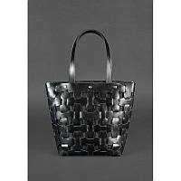 Кожаная плетеная женская сумка Пазл L угольно-черная Оригинальная сумка шоппер из натуральной кожи