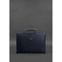 Кожаная сумка для ноутбука и документов темно-синяя Деловая сумка премиум класса ручной работы