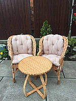 Комплект меблів для саду з дерева і лози 2 крісла Х1+столик з вигнутими ніжками Woody Світле дерево + кремовий