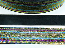 Тасьма еластична (гумка) золото та фіолетово-блакитні смуги з люрексовою ниткою 4 см