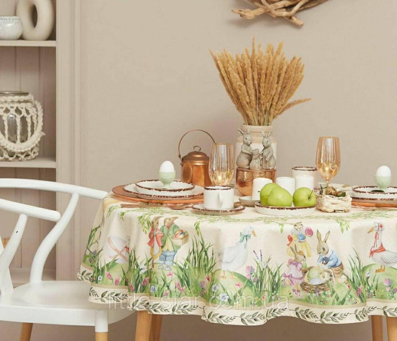 Скатертина великодня кругла 220 см Світлий Великдень, водовідштовхувальна, Тиротекс, 100% бавовна, салатовий