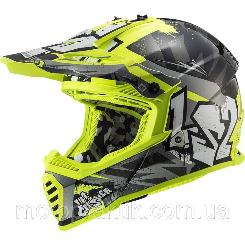 LS2 MX437 FAST EVO CRUSHER BLACK H-V YELLOW, XXS, Мотошолом кросовий