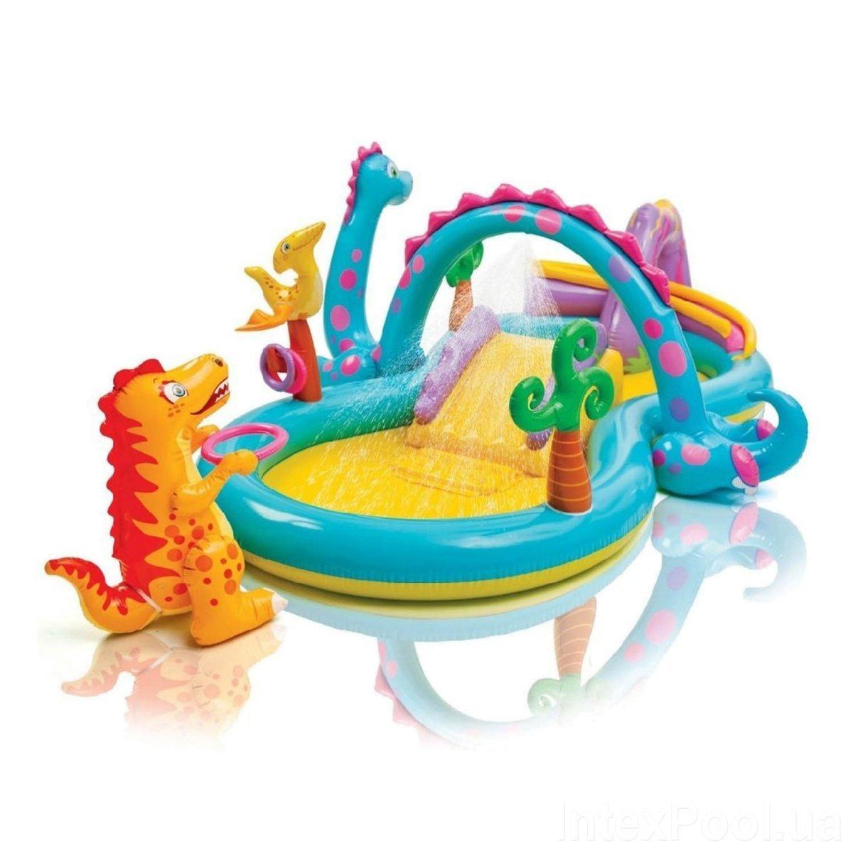 Надувний ігровий центр Intex 57135 Dinoland, V290 л, 333 х 229 х 112 см, з фонтаном, надувним кільцем інтекс, фото 1